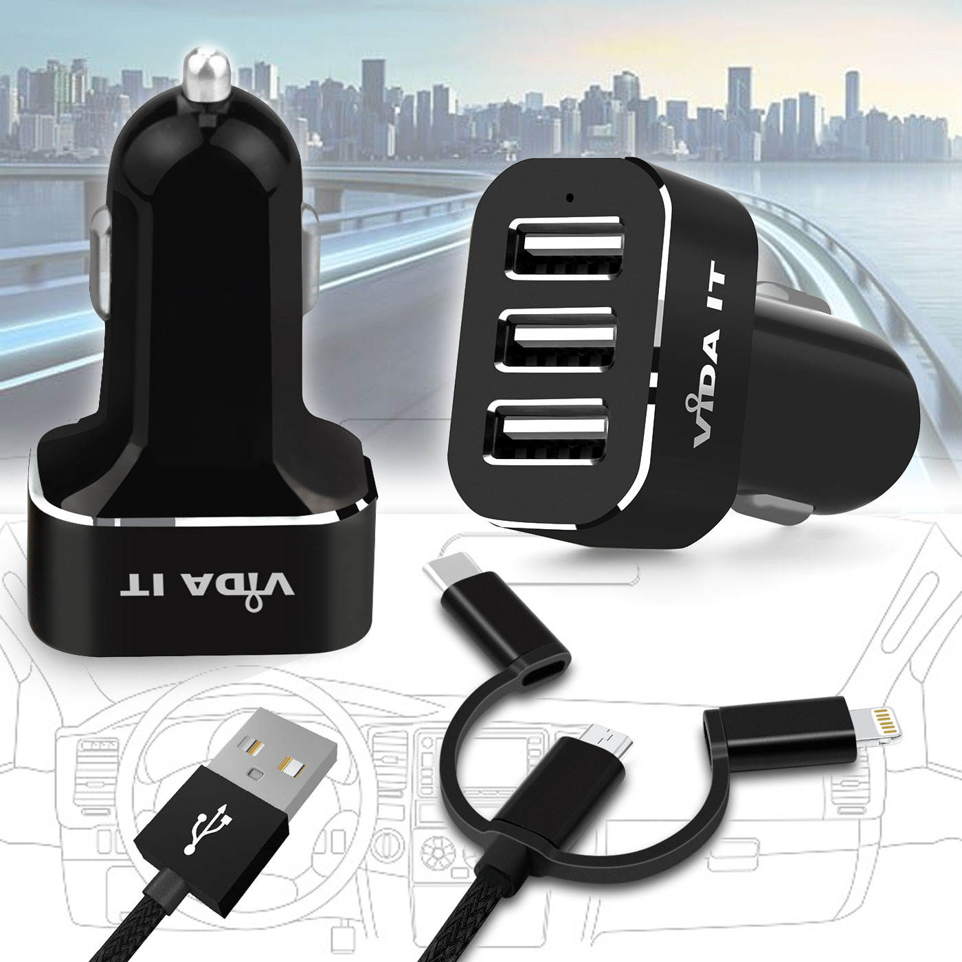 Fast Multi Port USB Car Charger 12v24v Power Adapter 2.1A/5.2A + Free