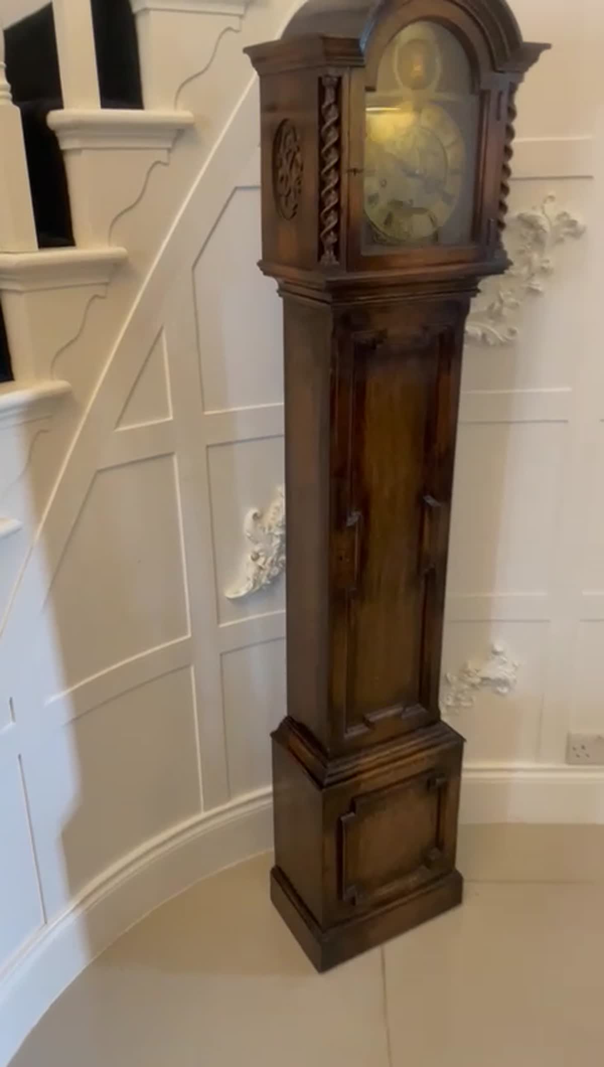 Antique Quality Oak Brass Face Eight Day Chiming Grandmother Clock in