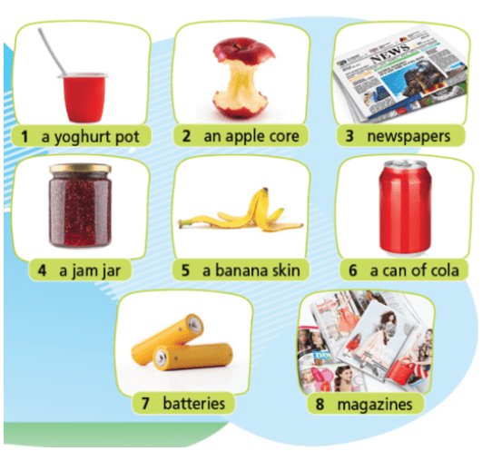 Put the items in Exercise 1 into the correct recycling bins. Say