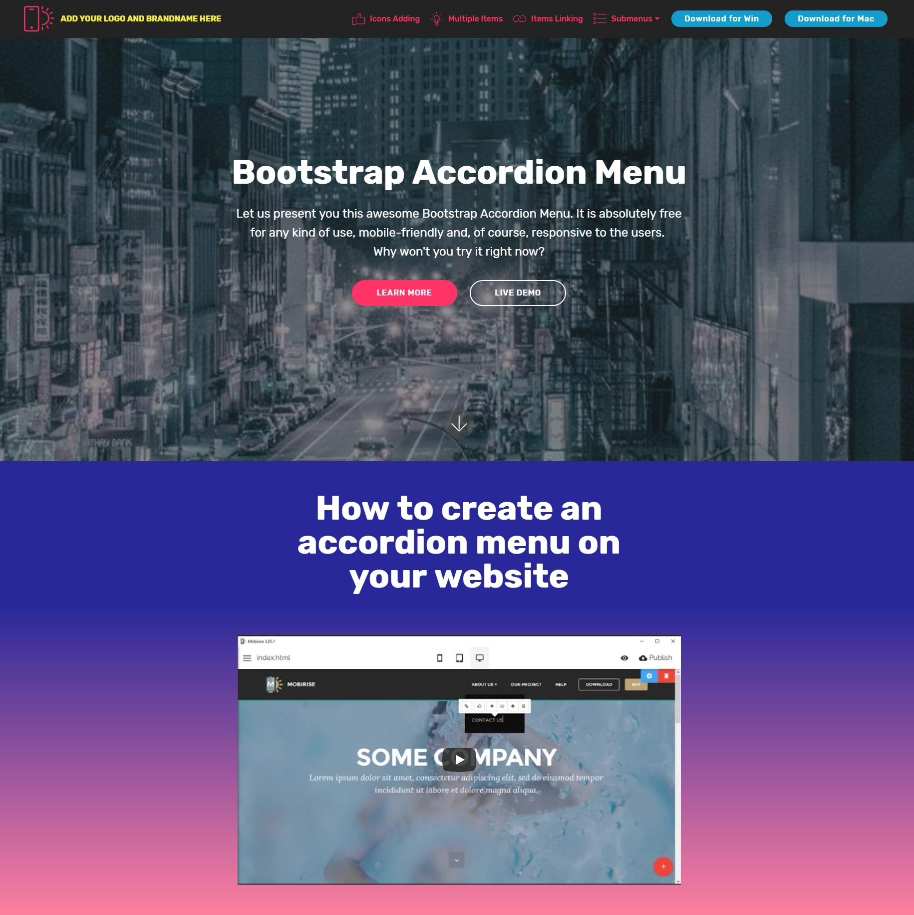 Nice Free Bootstrap Responsive Video Players and Navigation Menu Demos