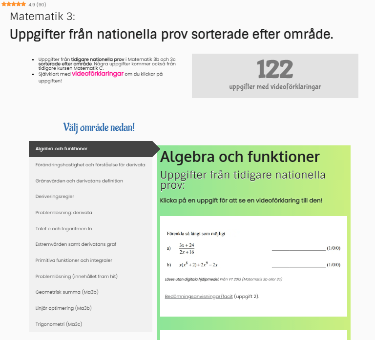 Uppgifter från tidigare nationella prov i Matematik 3 Vidma