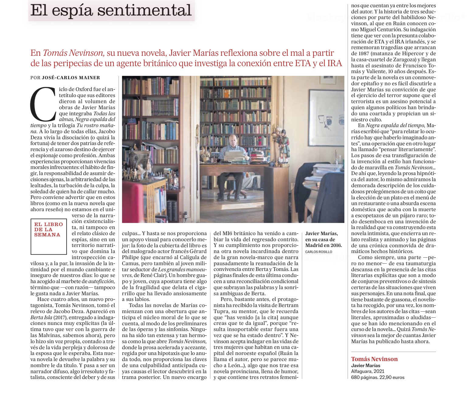 Crítica «Tomás Nevinson». Javier Marías Los cuadernos de Vieco