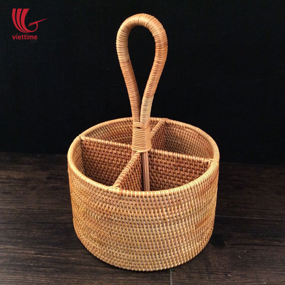 Brown Rattan Round Utensil Caddy Basket Wholesales Viettime Craft