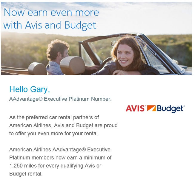 How I'll Earn 1250 American Miles Per One Day Car Rental View from