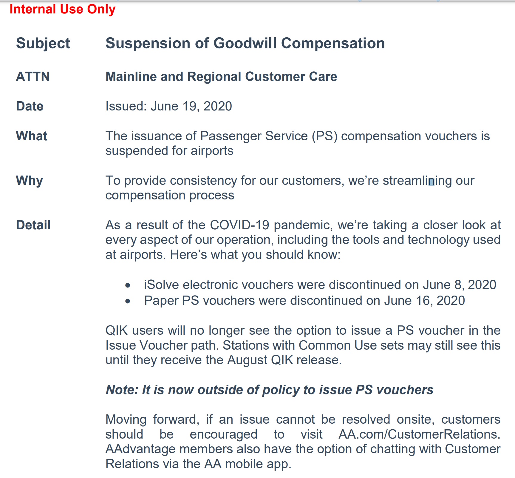 American Airlines Suspends Goodwill Compensation Vouchers View from