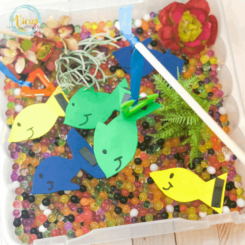 Fishing Sensory Bin with Water Beads and Views From a Step Stool