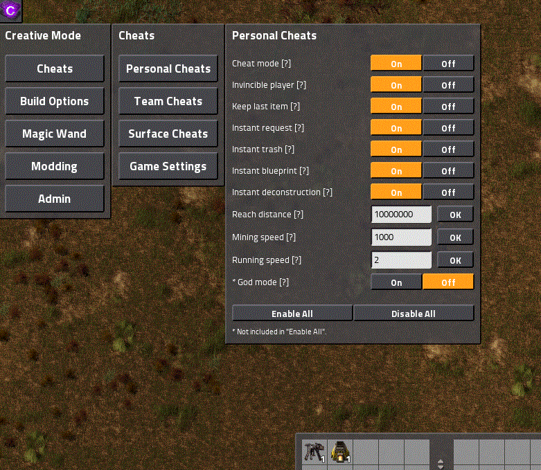 InGame Menu/Cheats/Personal Cheats Factorio Creative Mode Wiki Fandom