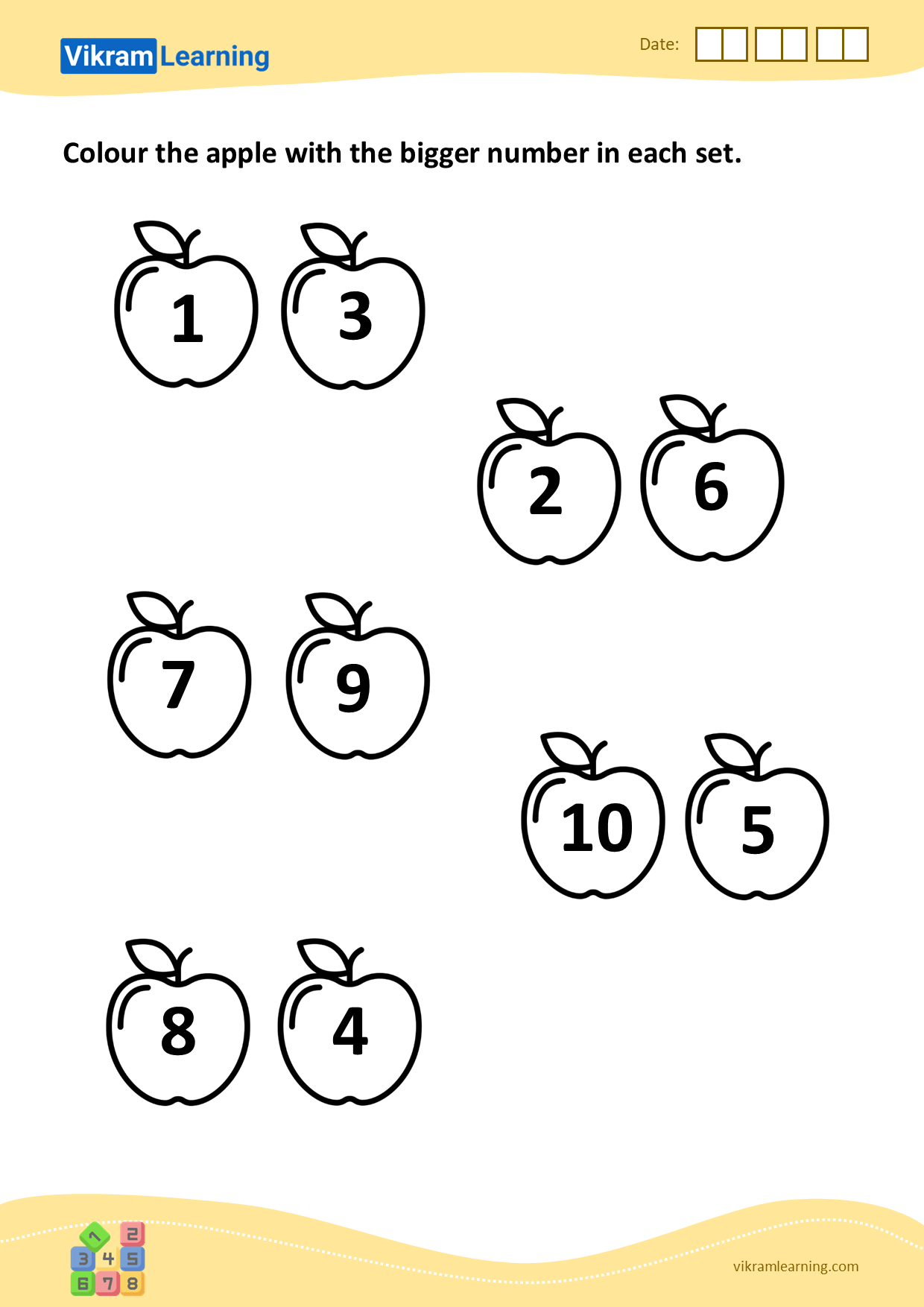Download colour the apple with the bigger number in each set worksheets