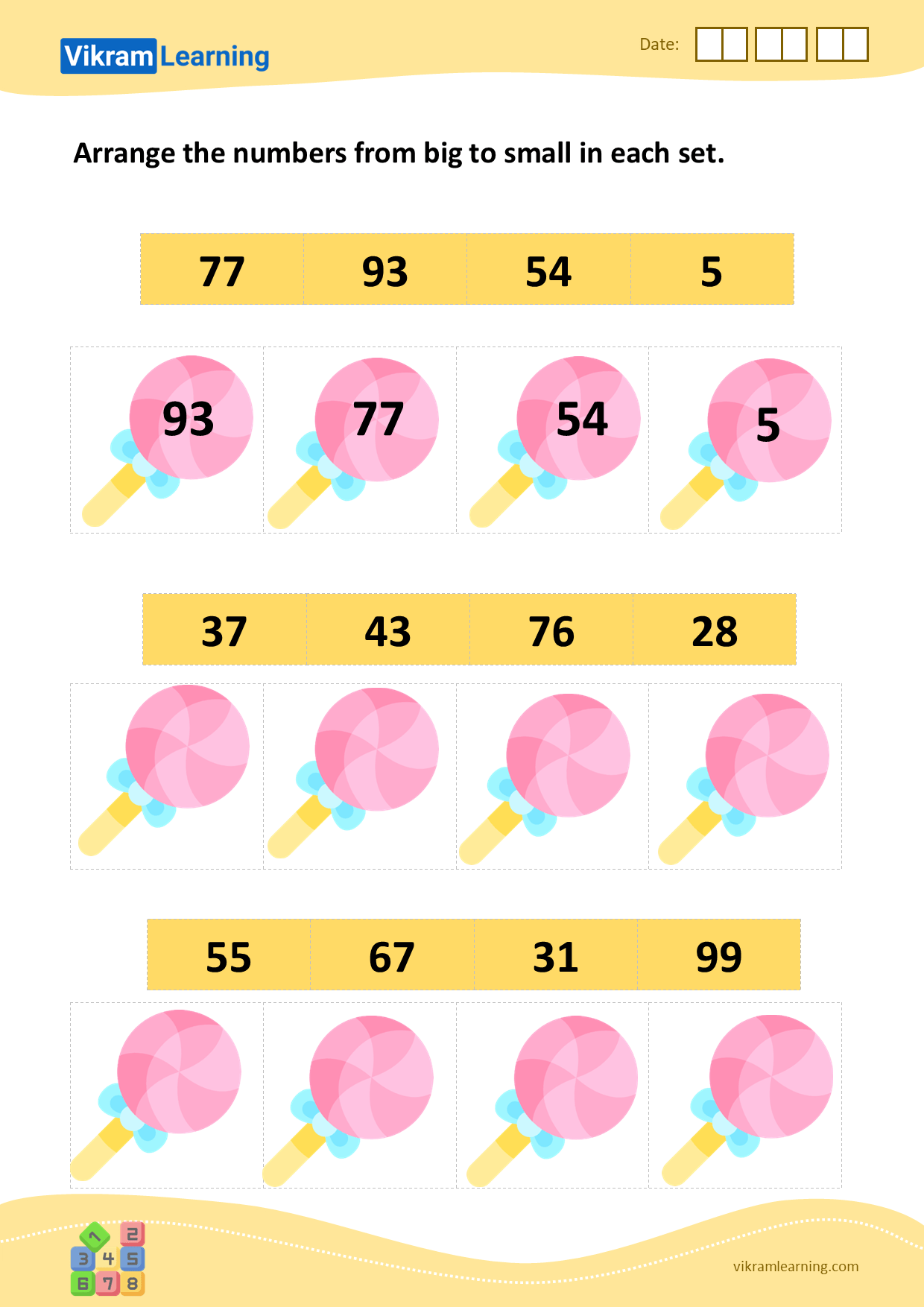 Download arrange the numbers from big to small in each set worksheets