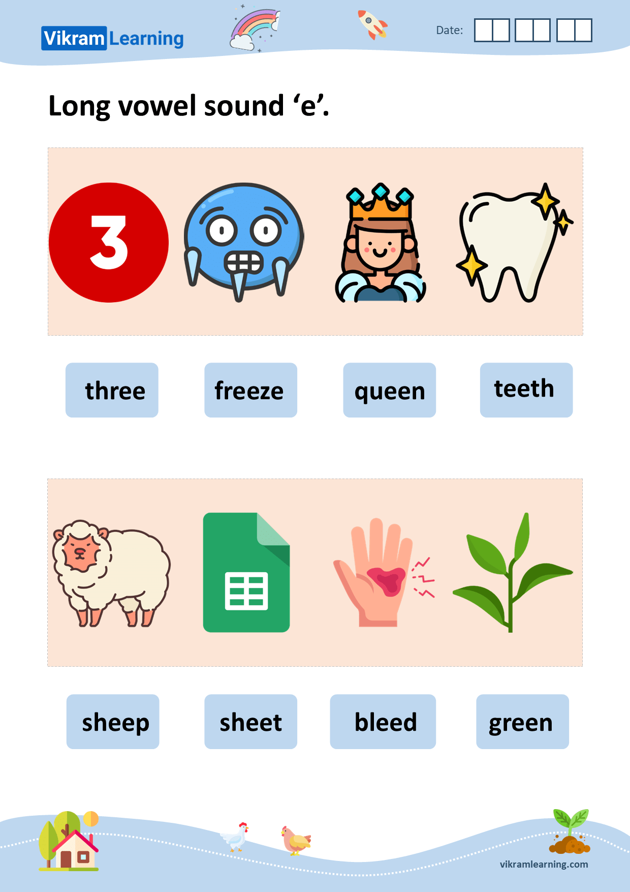 Download phonics short and long vowel sounds 'e' worksheets