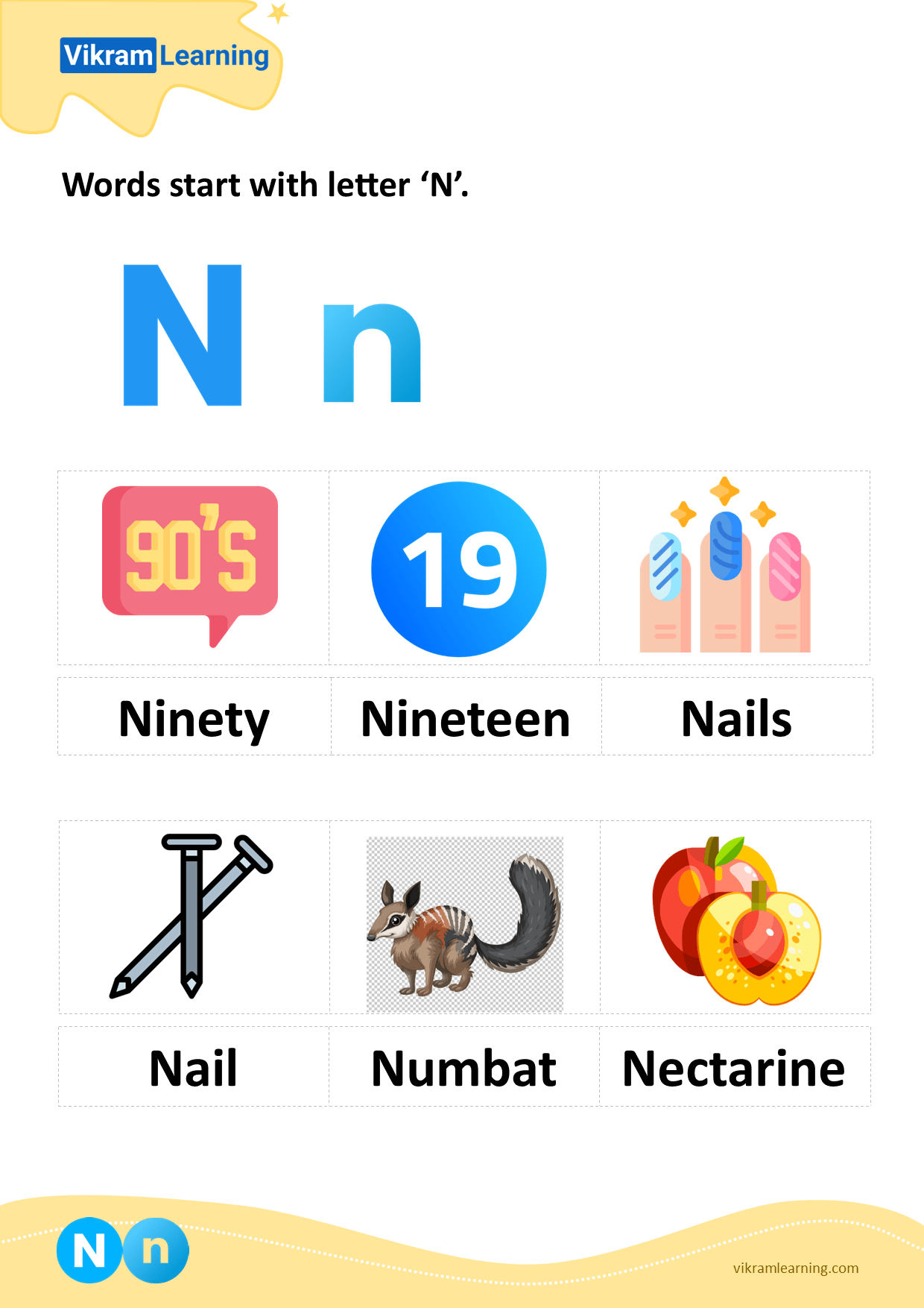 Download words start with letter 'n' worksheets | vikramlearning.com