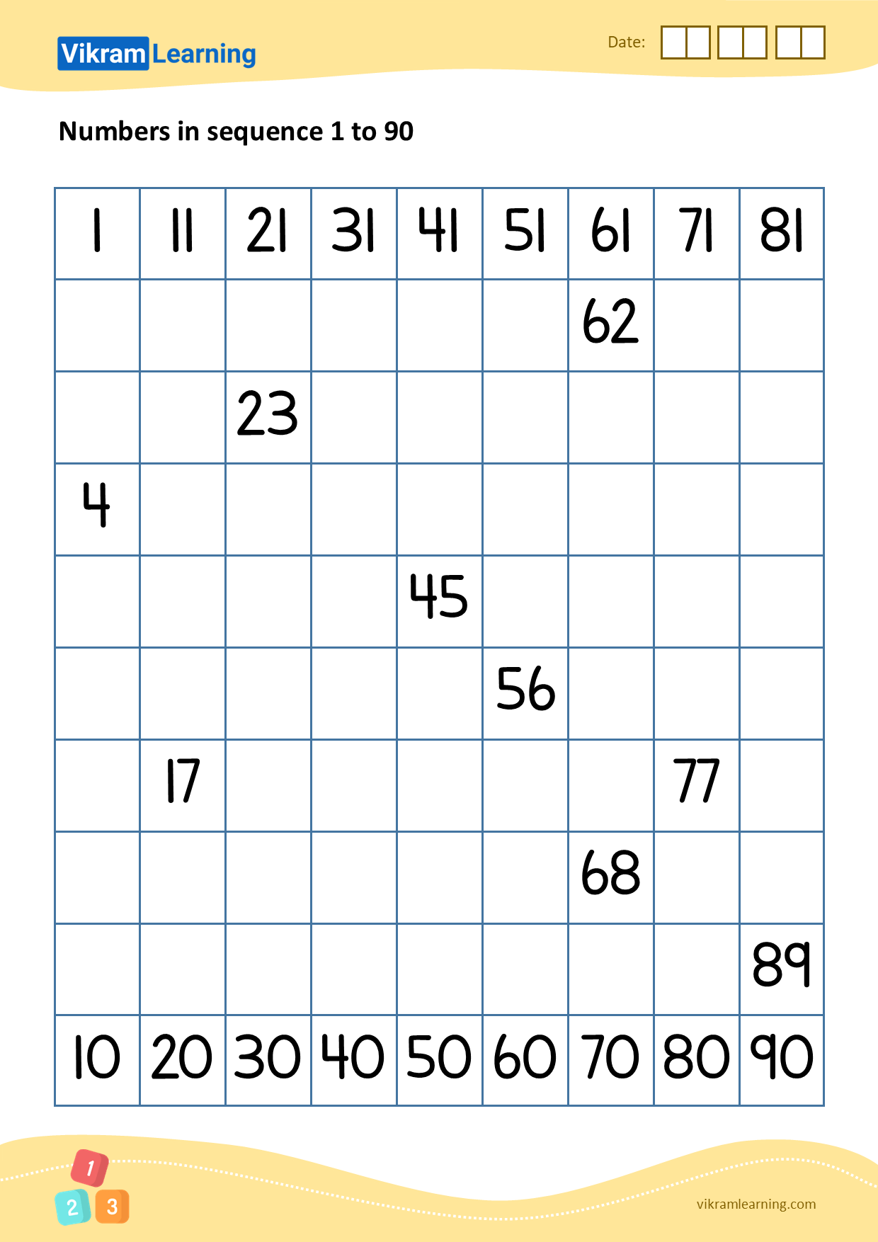 Download 04 numbers in sequence 1 to 90 worksheets