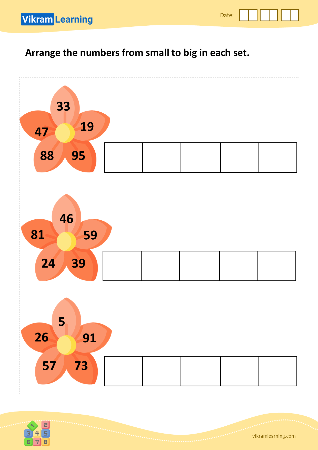 Download arrange the numbers from small to big in each set worksheets