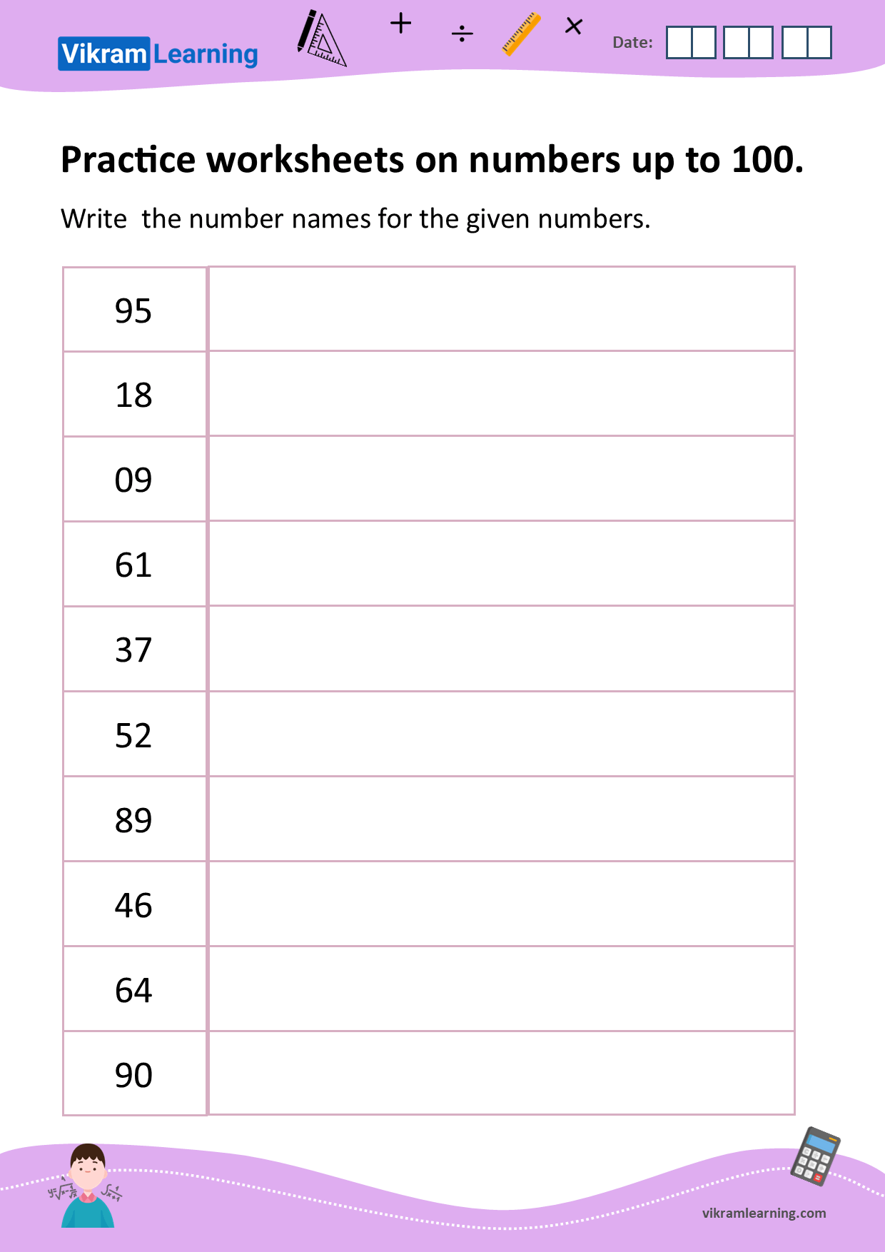 Download numbers up to 100 worksheets | vikramlearning.com