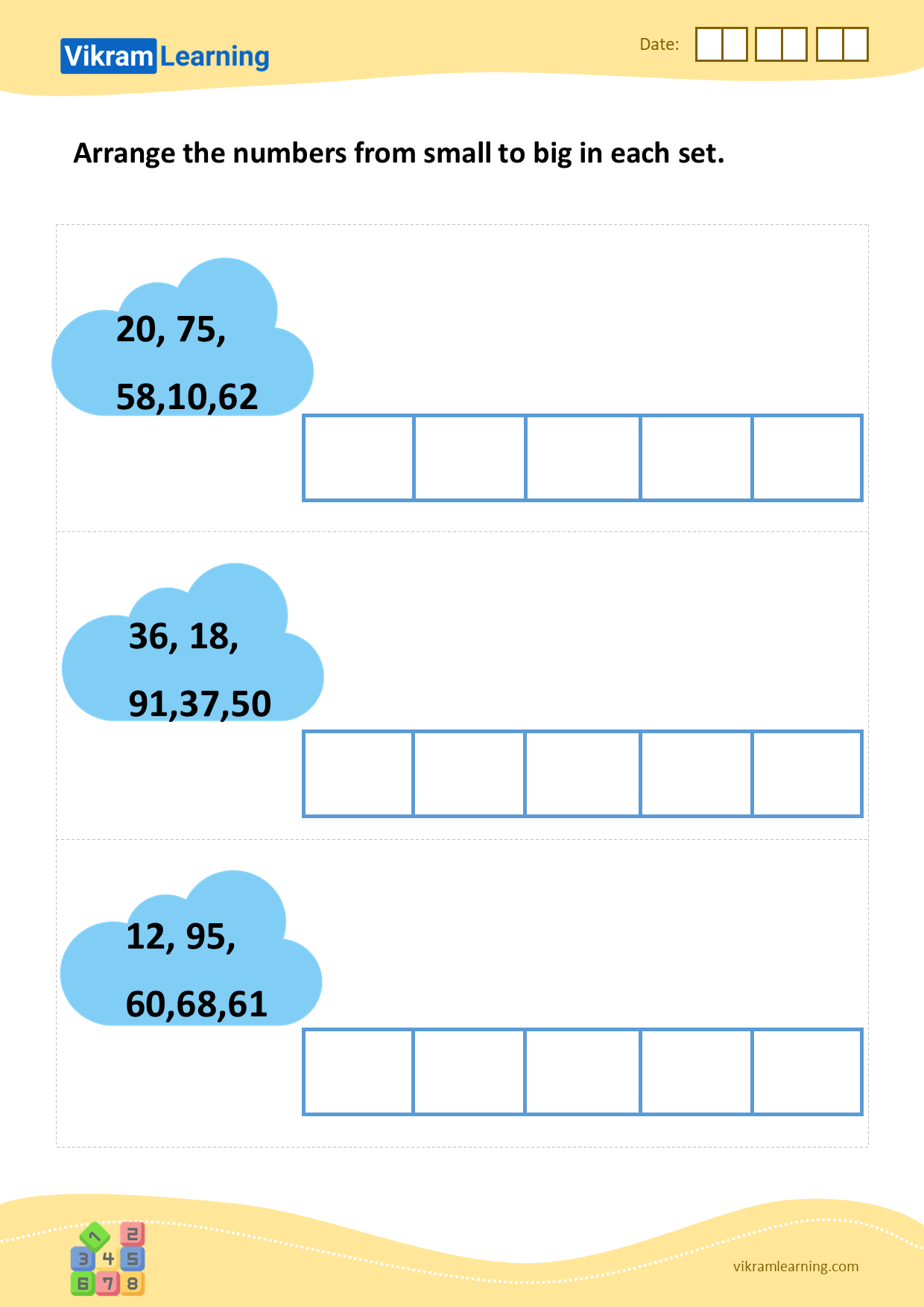Download arrange the numbers from small to big in each set worksheets