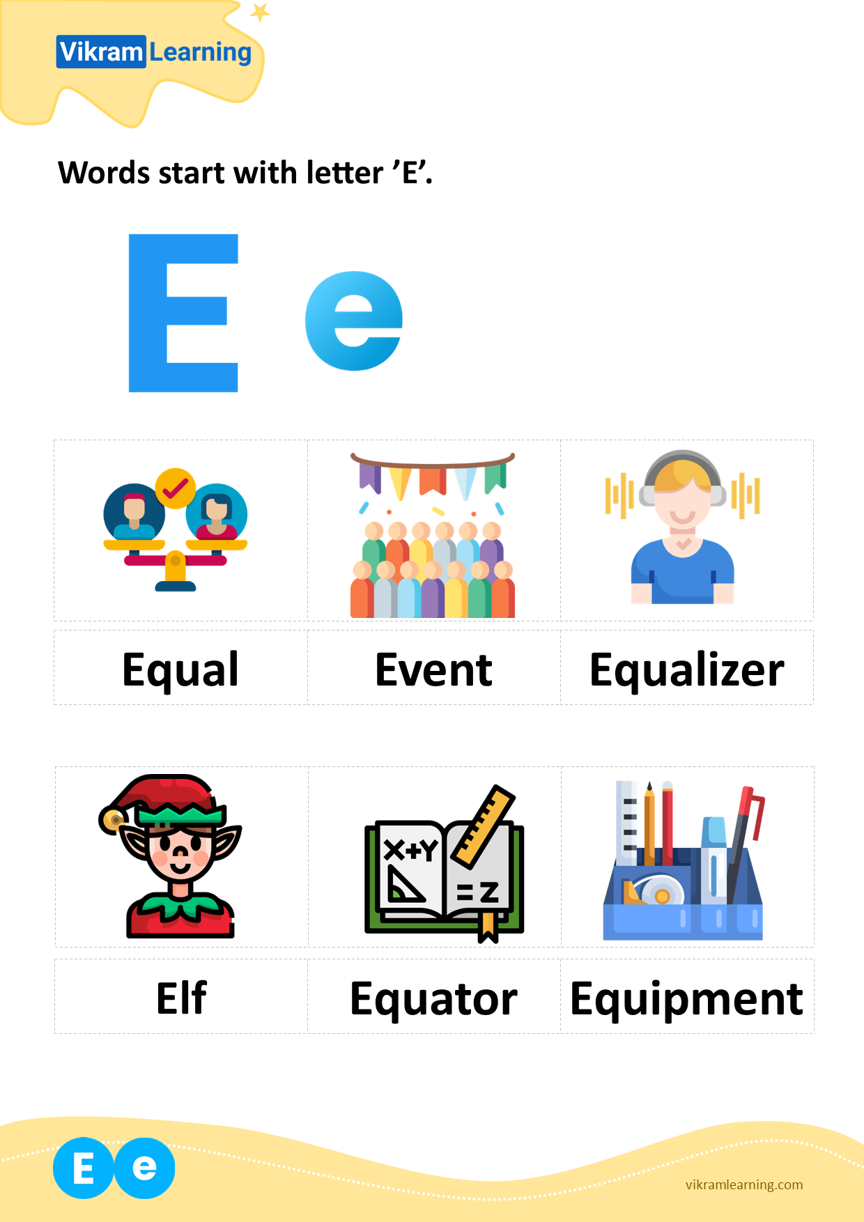 Download words start with letter 'e' worksheets
