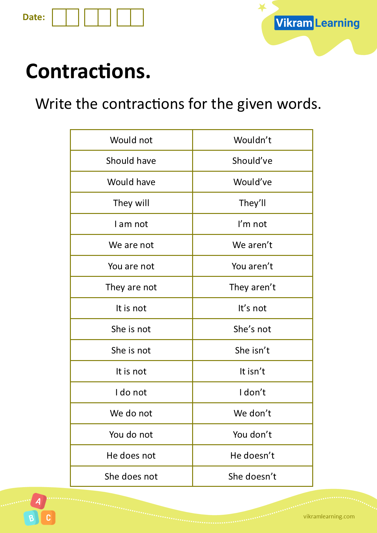 Download contractions worksheets