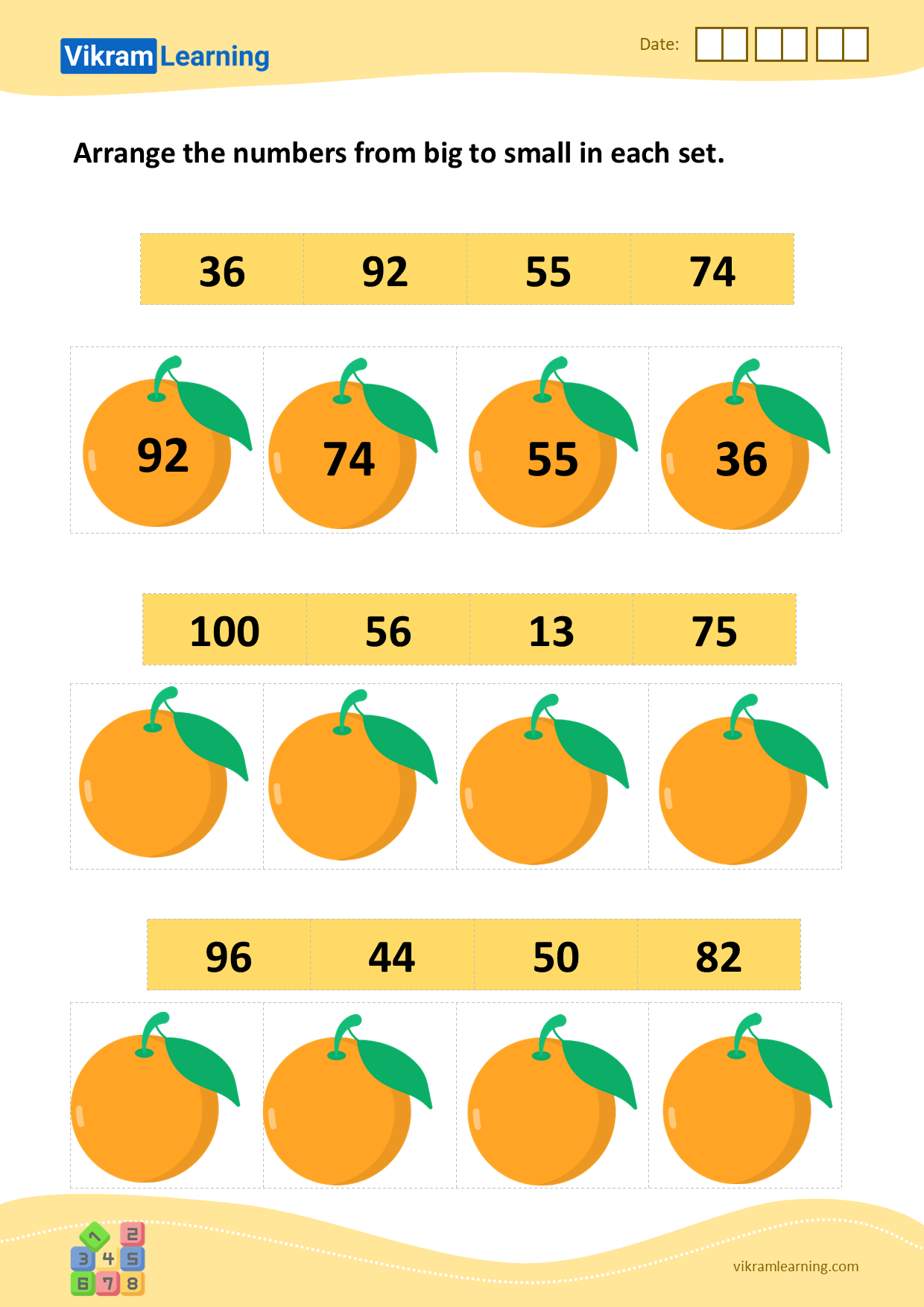 Download arrange the numbers from big to small in each set worksheets