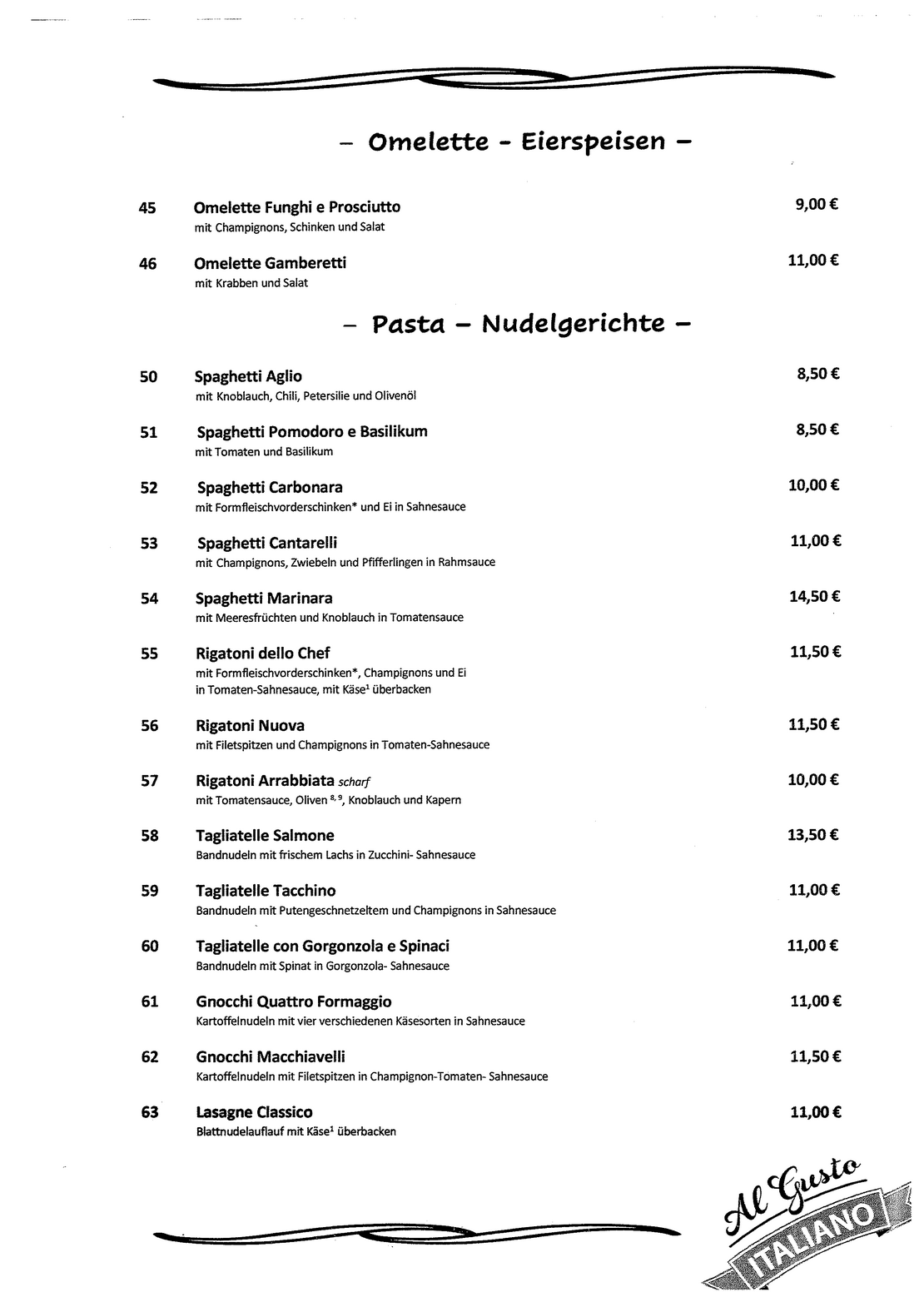 Speisekarte Villa Nuova