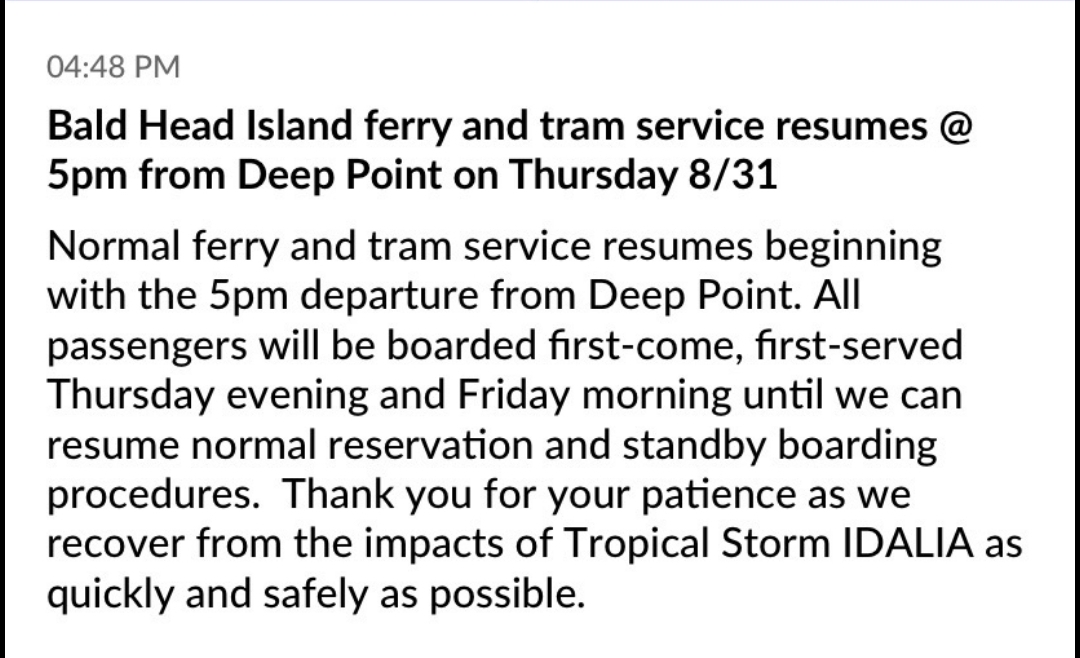 Bald Head Island Ferry and Tram Service Resumes at 5 pm Today Village