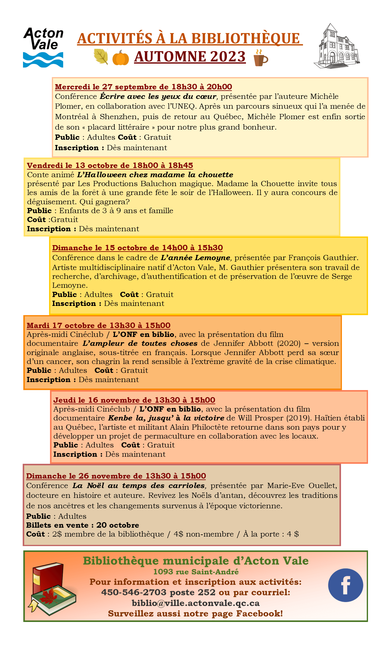 Programmation automne 2023 Bibliothèque municipale Ville d'Acton Vale