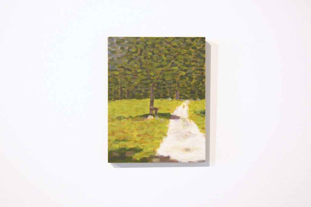 painting of a tree in a grassy field with a forest edge in the background and a path from the forest