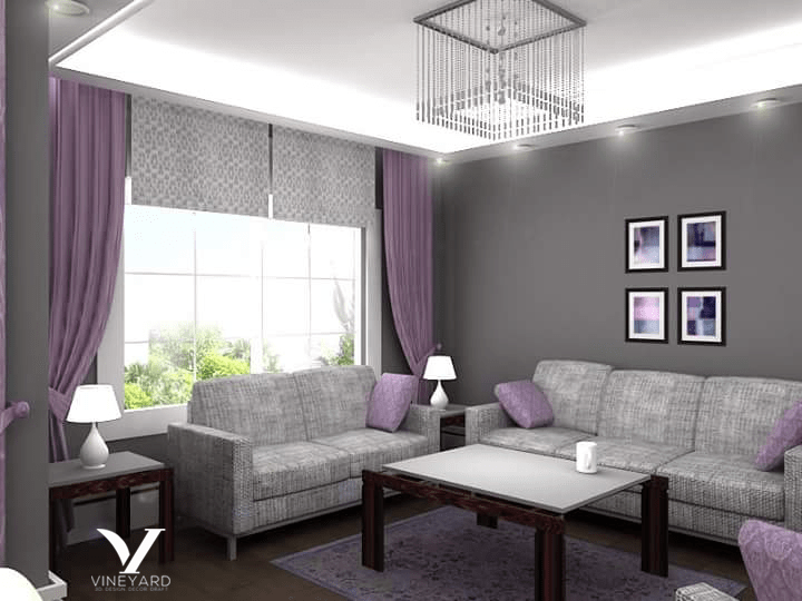 Gray and Lavender Living Room vineyard3dllc