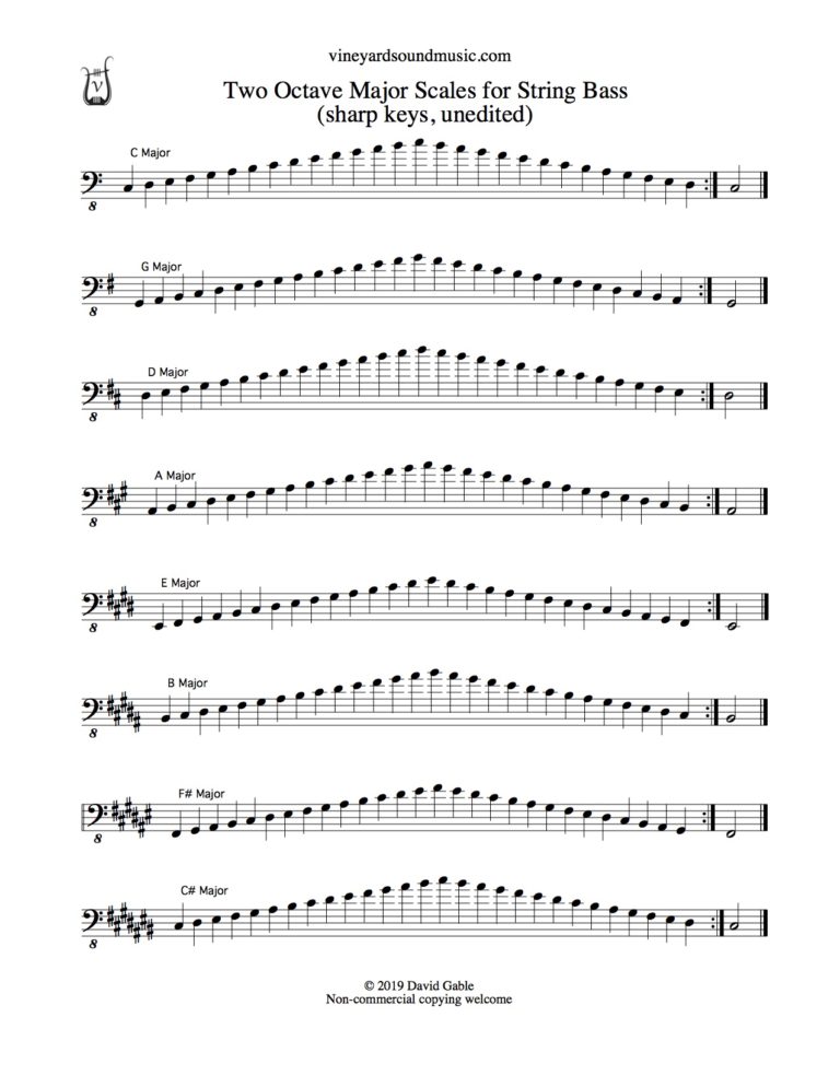 String Bass, Major Scales, two octaves, sharp keys and C Vineyard