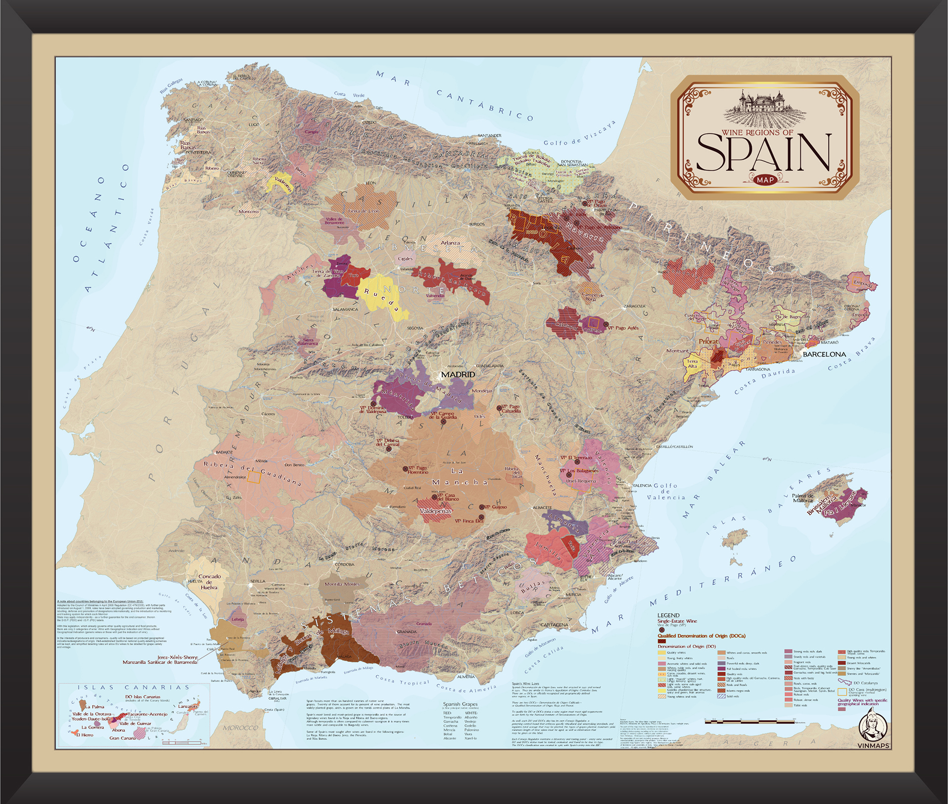 Spain Wine Regions Map Framed VinMaps