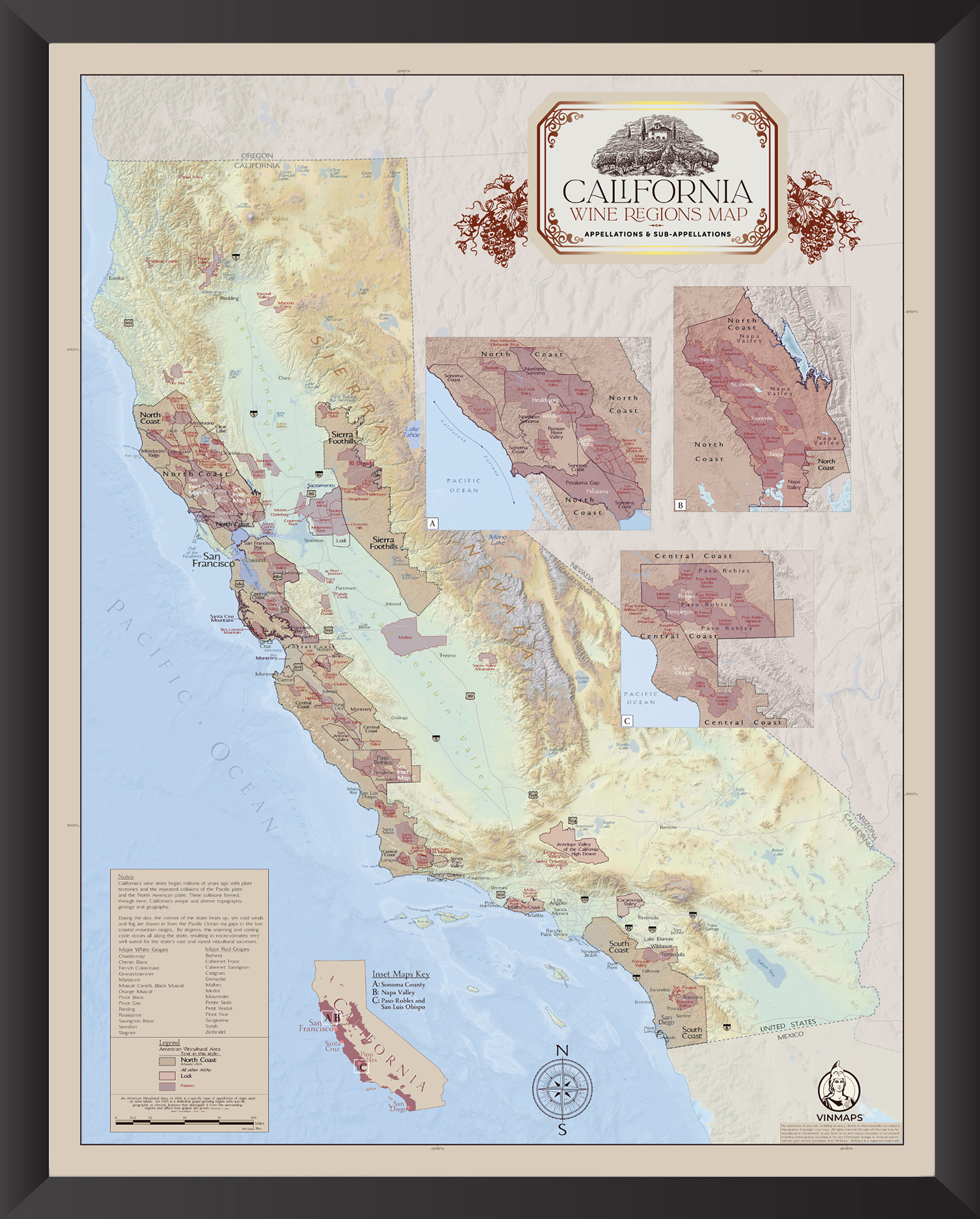 California Wine Regions Map Framed VinMaps