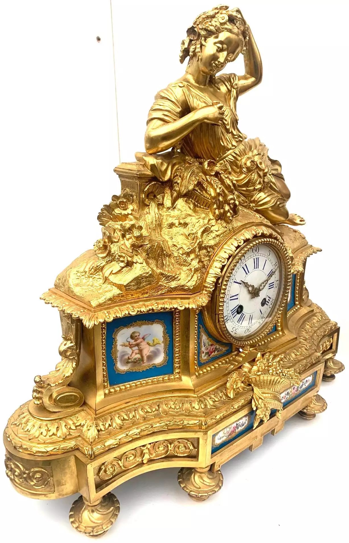 Figural Ormolu French Antique Mantel Clock 8Day Striking Blue Sevres