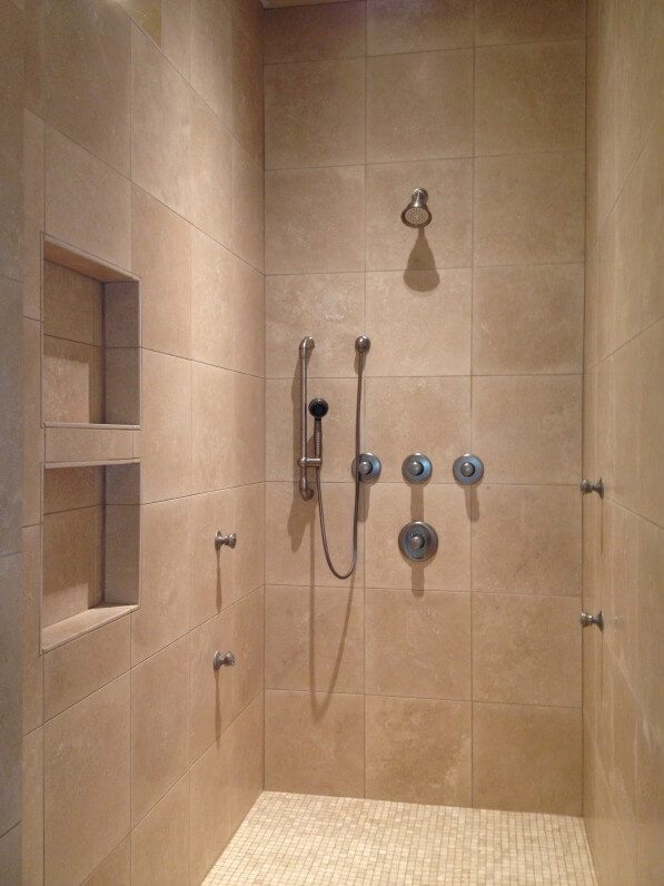 Travertine Walk in Shower Bathroom Remodel in West Lake HIlls / Austin
