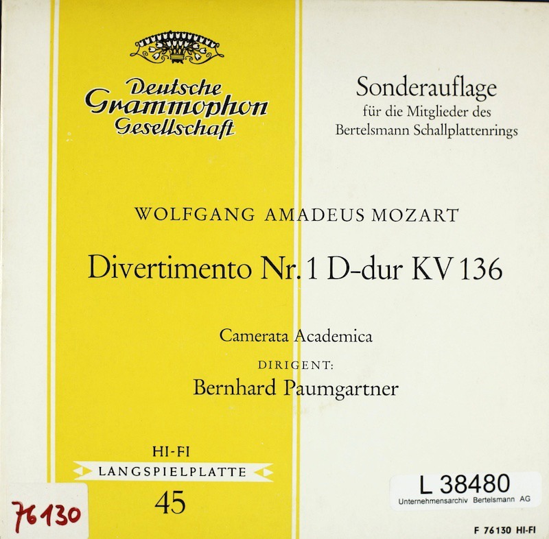 Bernhard Paumgartner. Camerata Academica. Mozart. Divertimento Nr. 1 Ddur KV 136 Bertelsmann