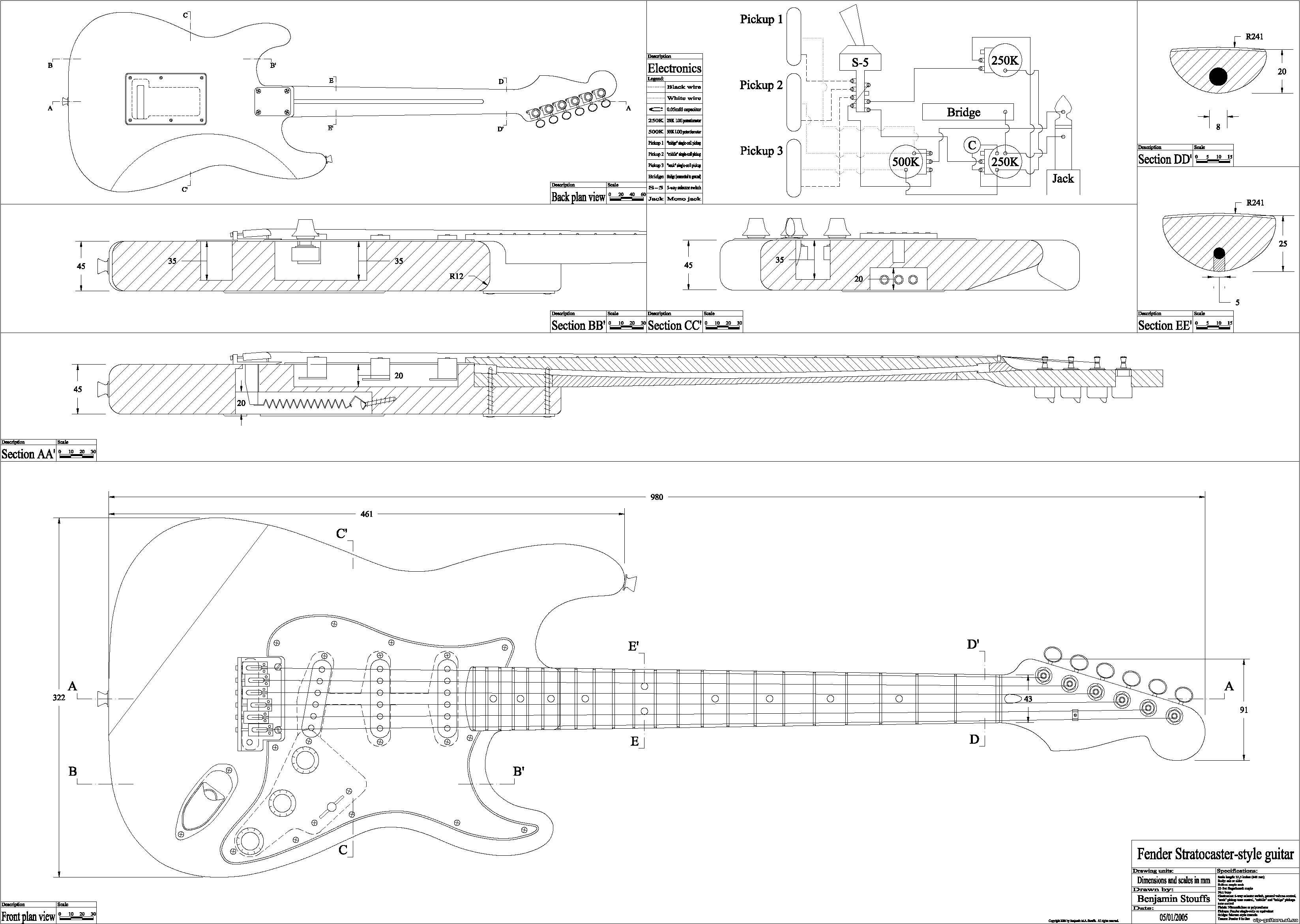 Fender Stratocaster Чертежи электрогитар, бас гитар, акустических