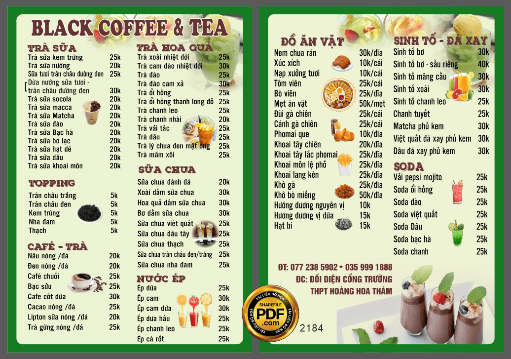 Menu a4 quán Black Coffee and Tea file CDR Download file corel thiết