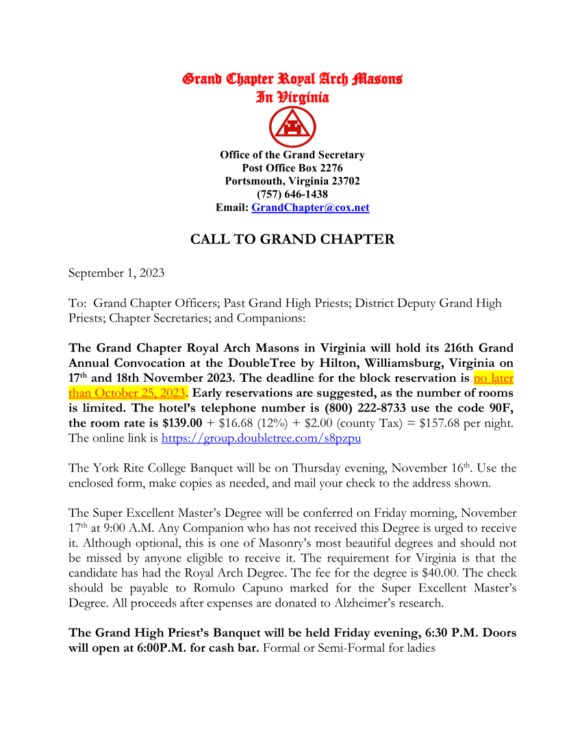 Grand Chapter Royal Arch Masons in Virginia Grand Convocation