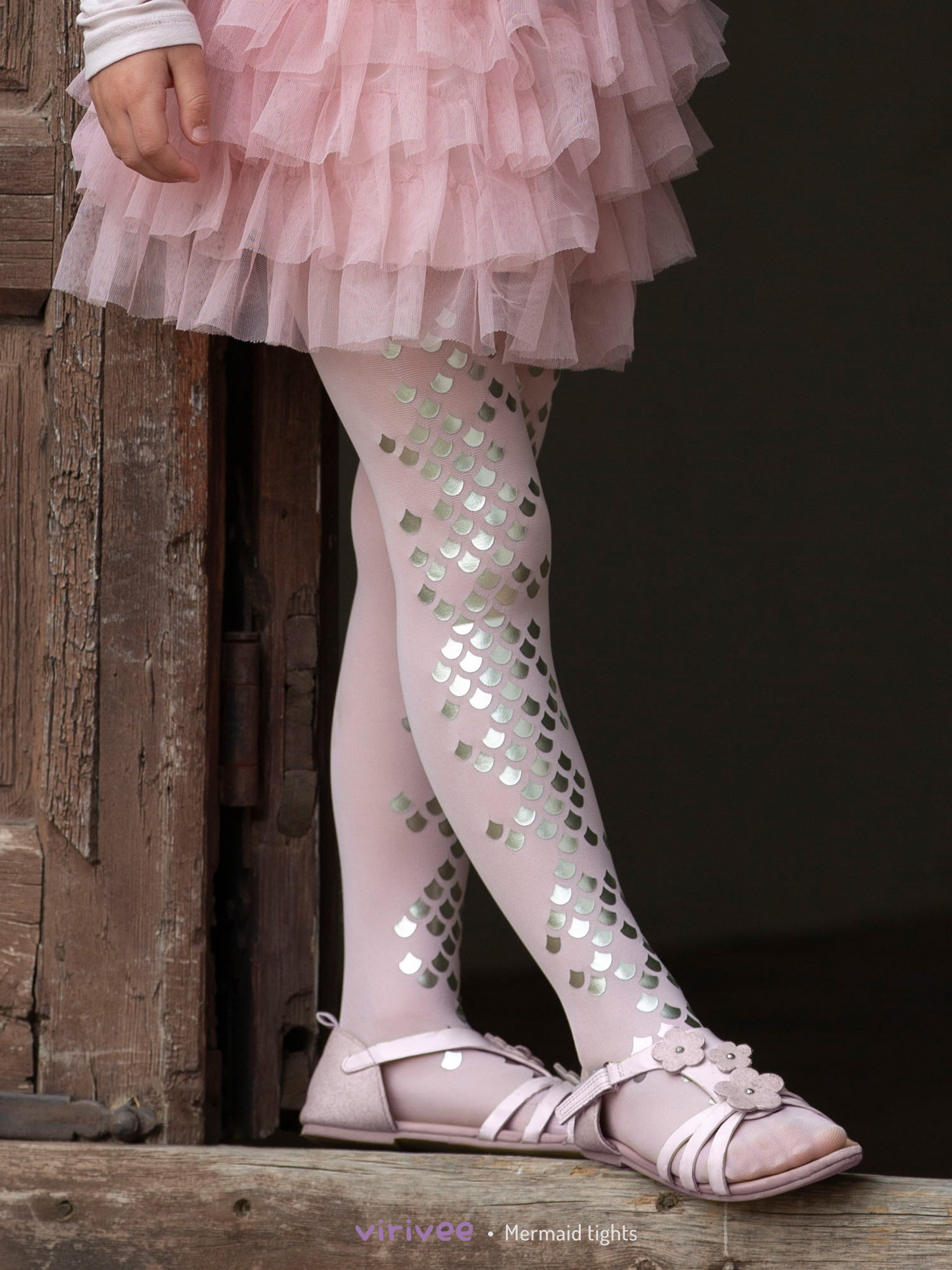 Girls silver mermaid pink tights