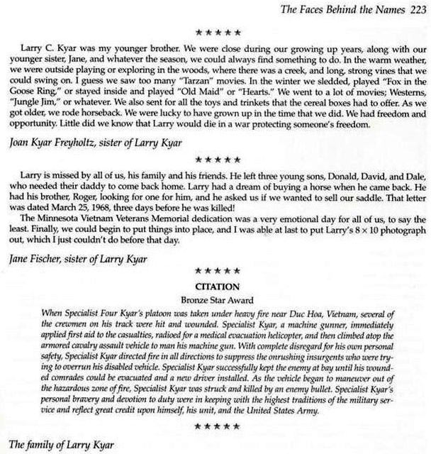 SP4 Larry Clarence Kyar, Hanska, MN on The Virtual Wall® Vietnam Veterans
