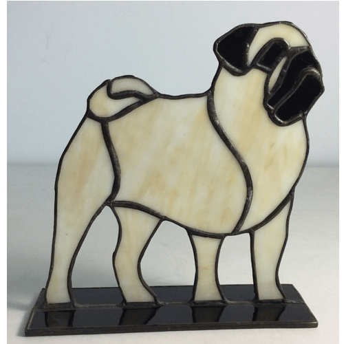 Stained Glass Beige Pug Dog with Black Face on Stand.
