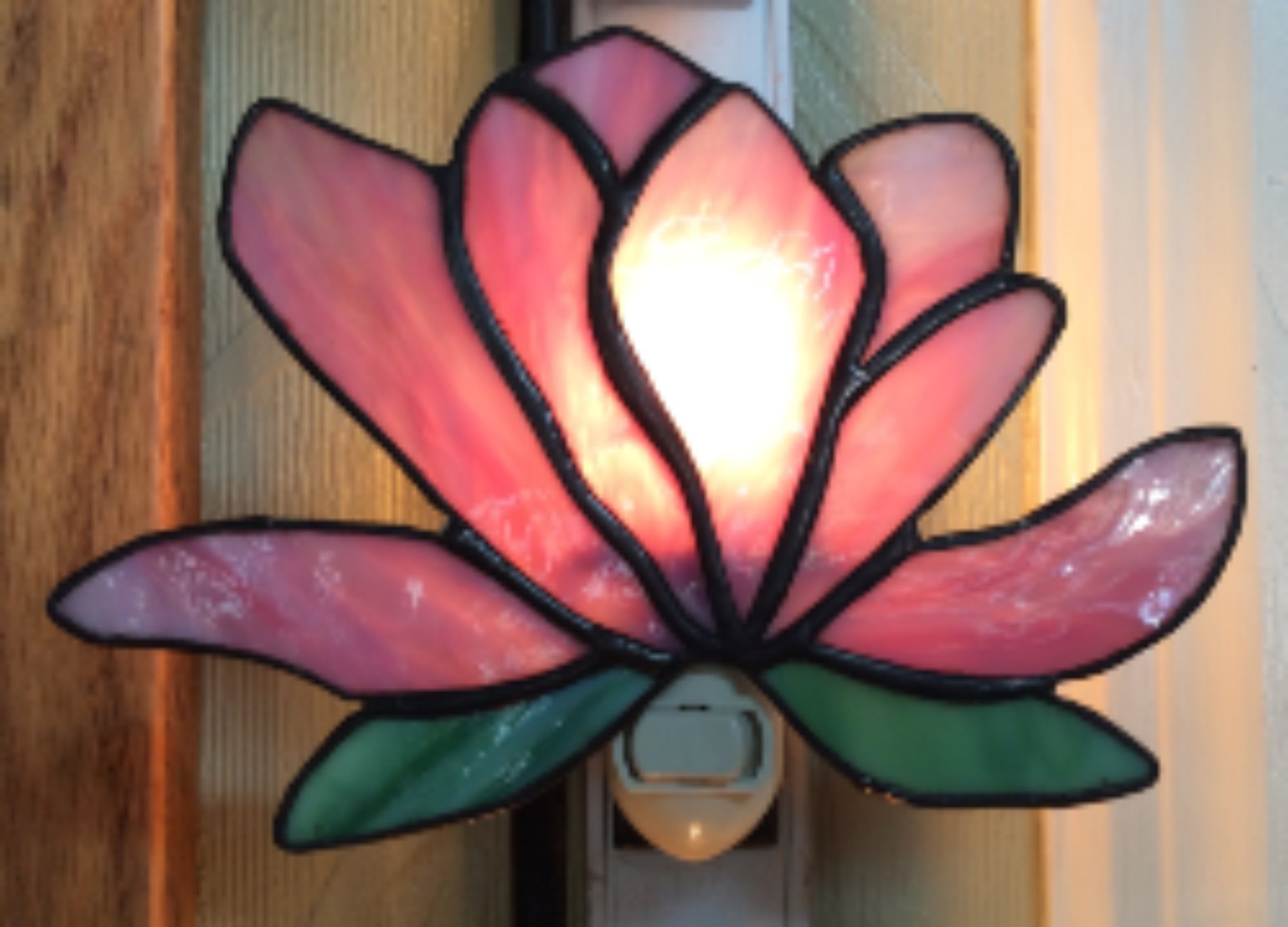 Stained Glass Pink Lotus Night Light with Green Leafs