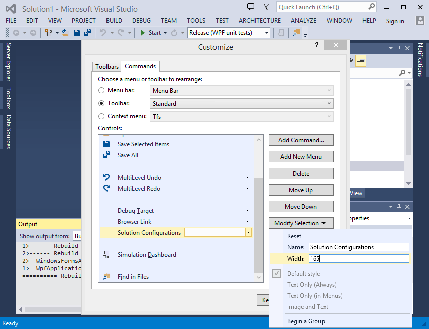 Adjusting the width of “Solution Configurations” dropdown list in the