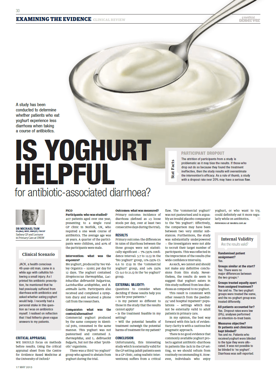 Is yoghurt helpful for antibioticassociated diarrhoea? Michael Tam