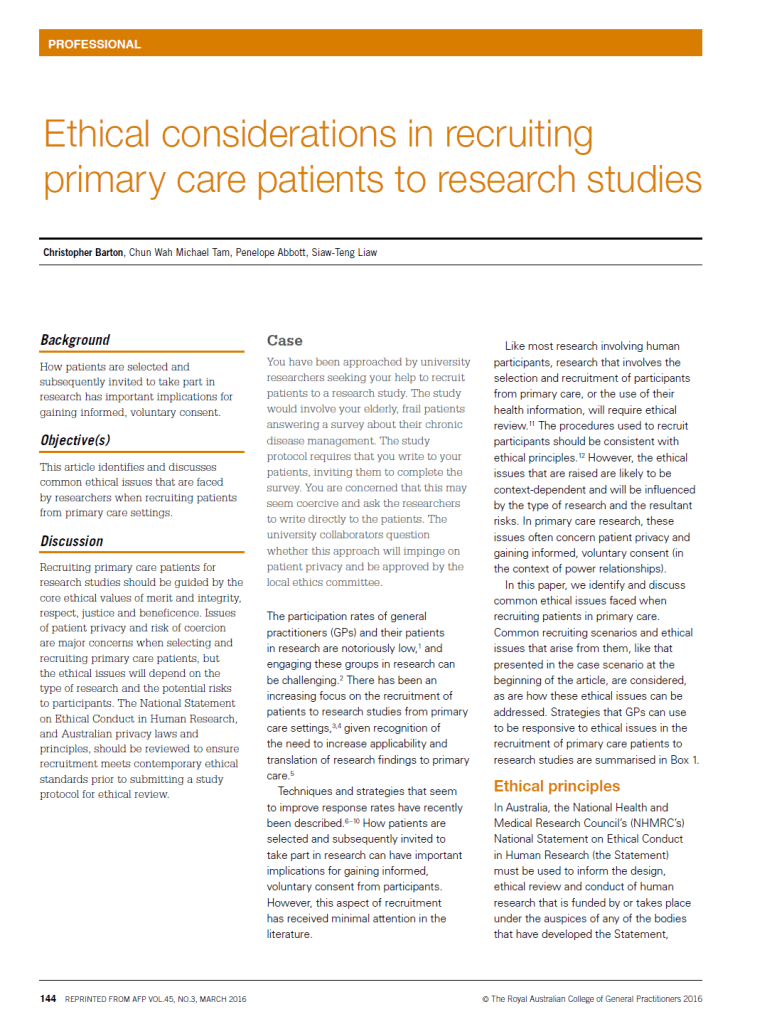 Ethical considerations in recruiting primary care patients to research