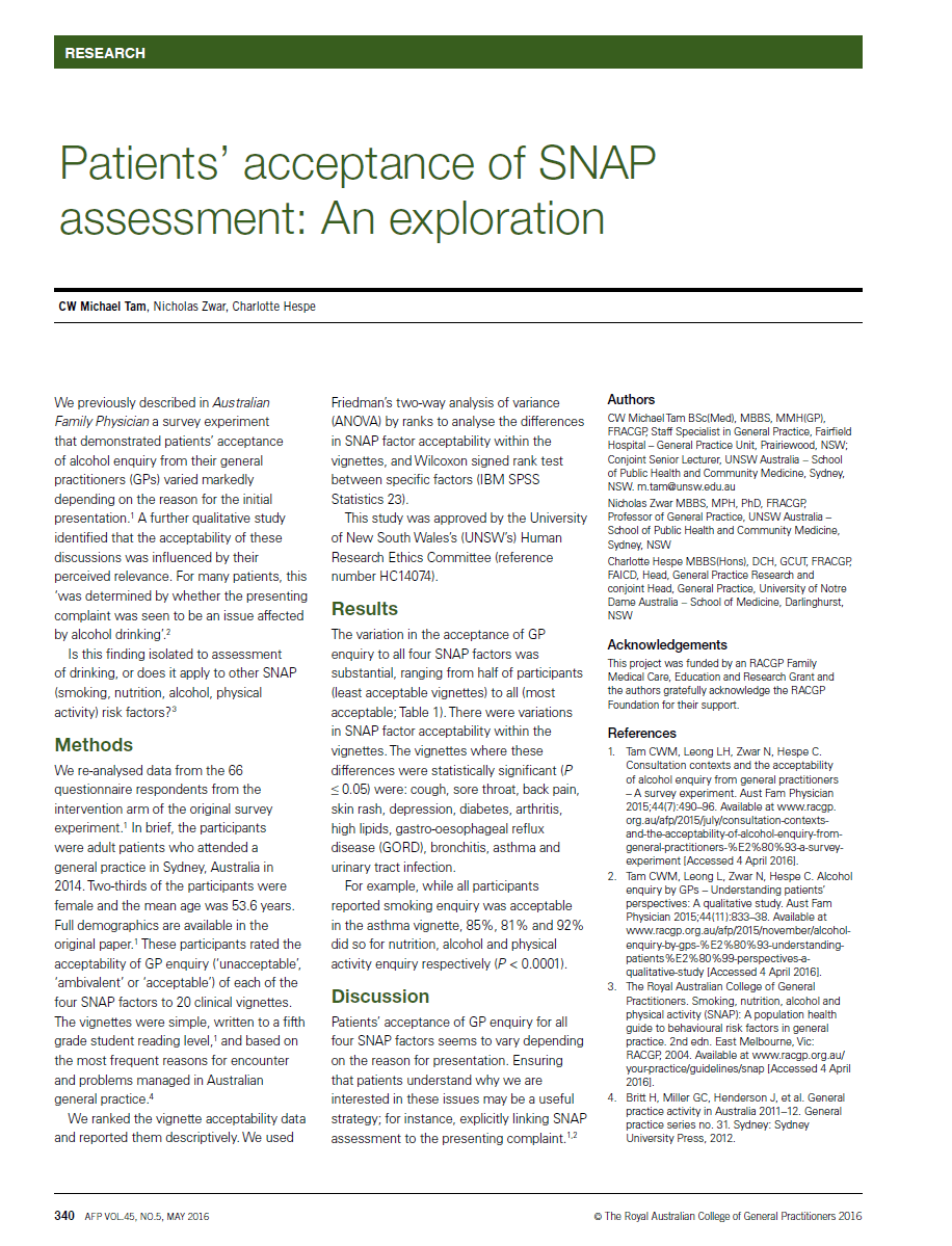 Patients’ acceptance of SNAP assessment An exploration Michael Tam