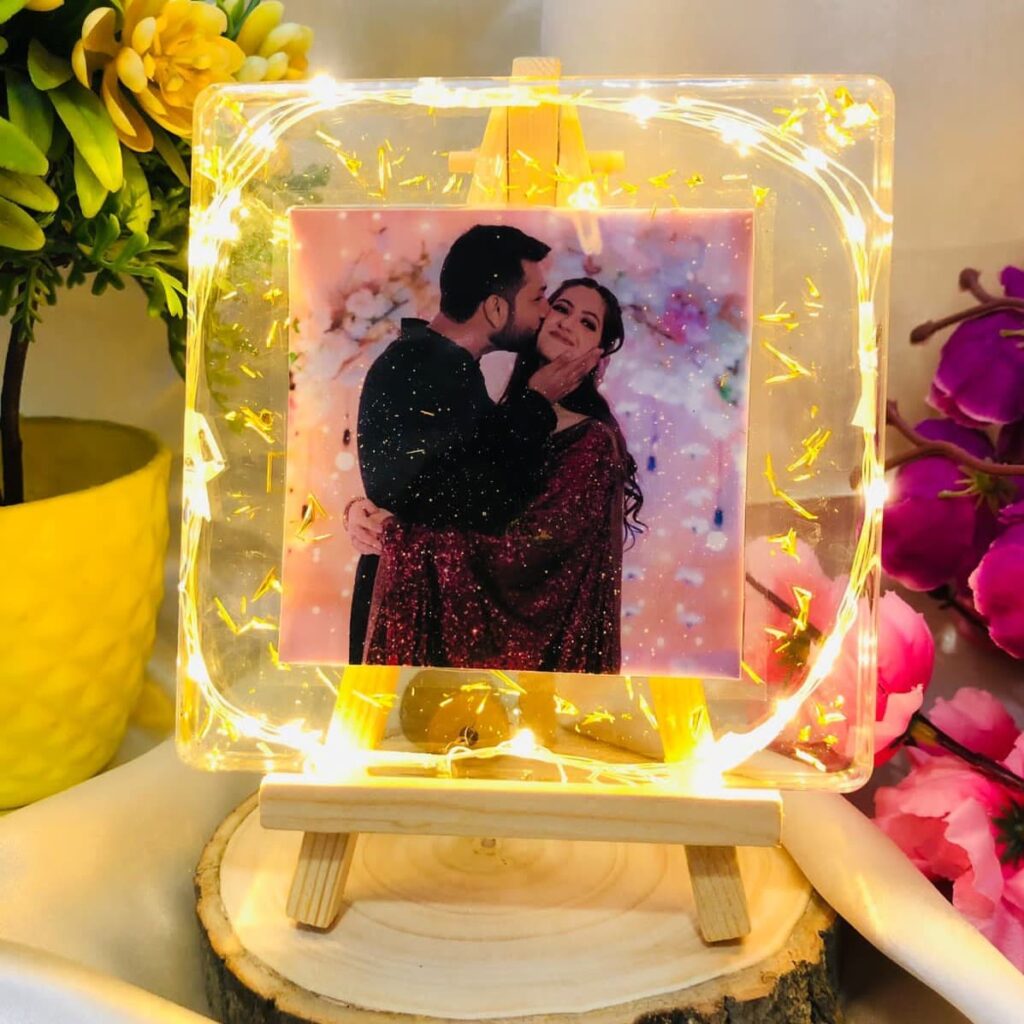 Resin Photo Frame With LED Table Top Gift For Wedding Birthday