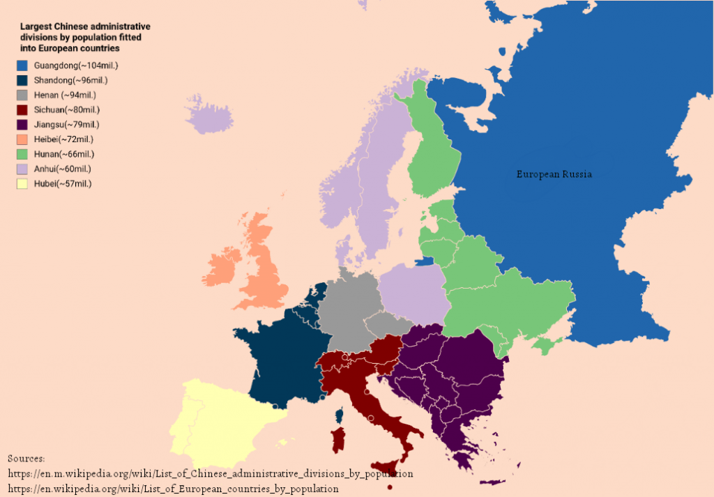 Largest Chinese provinces by population fitted into European countries