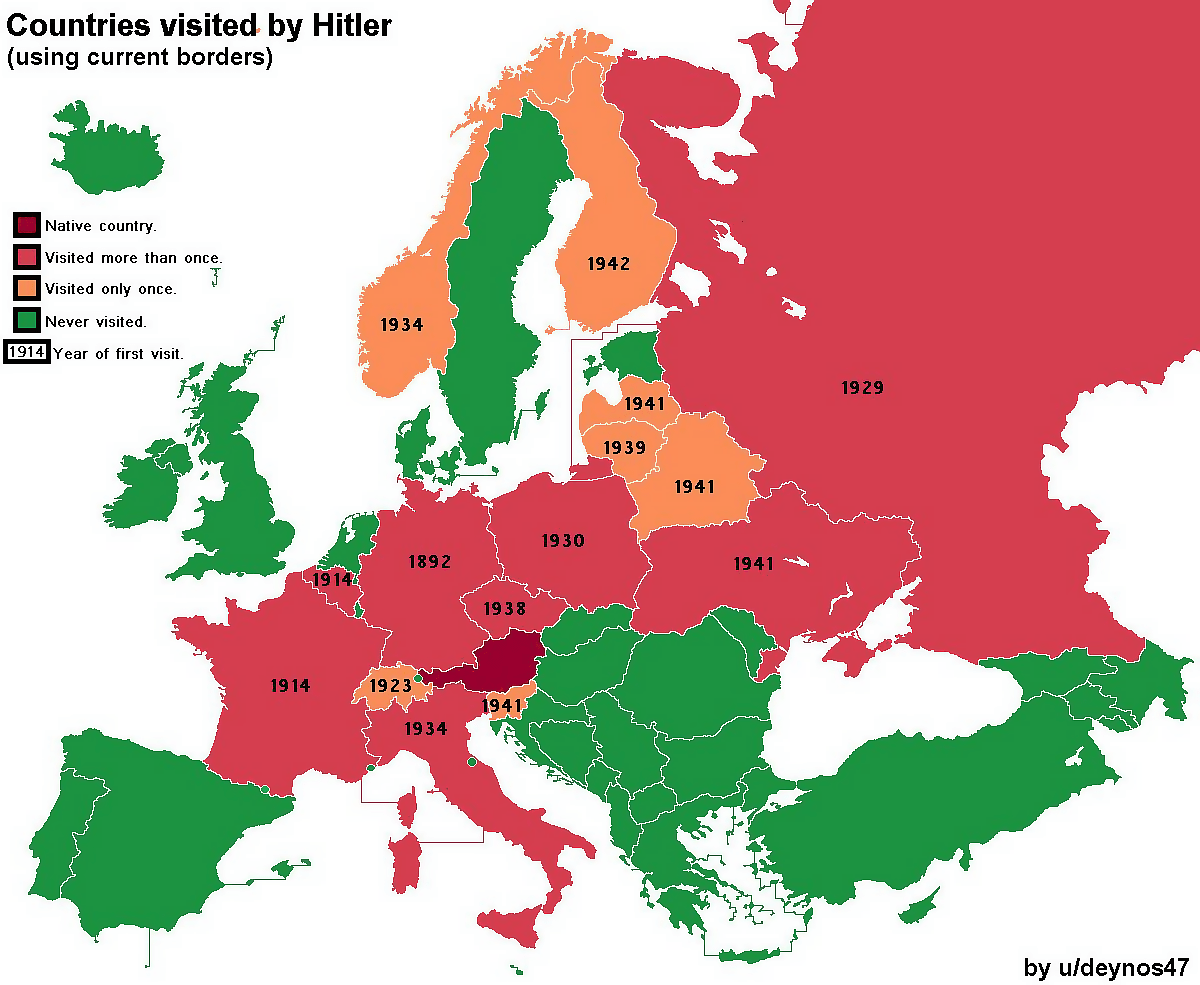 Countries visited by Adolf Hitler (using current borders) Vivid Maps