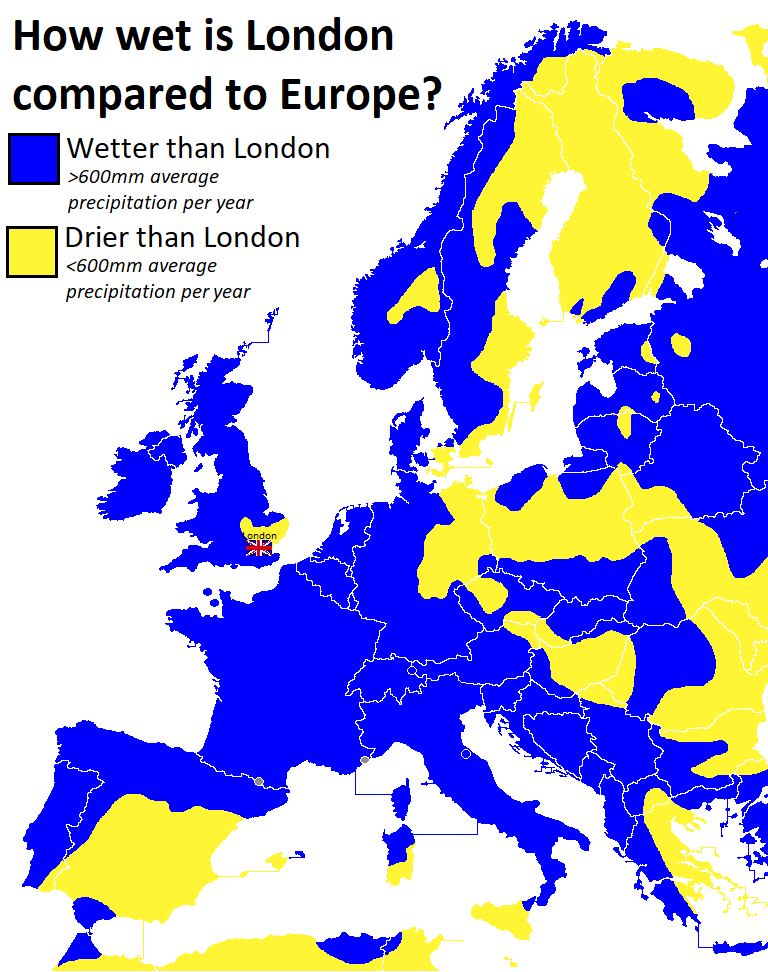 How wet is London compared to Europe Vivid Maps