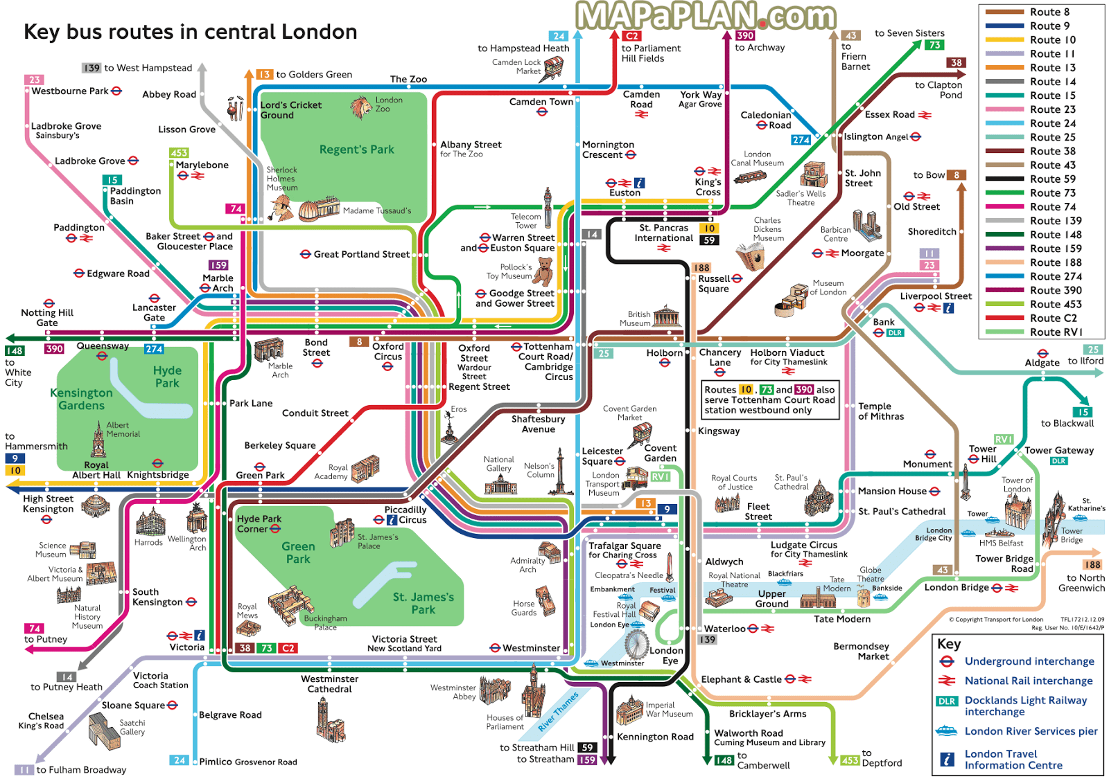 Key bus routes in central London (with top tourist attractions) Vivid