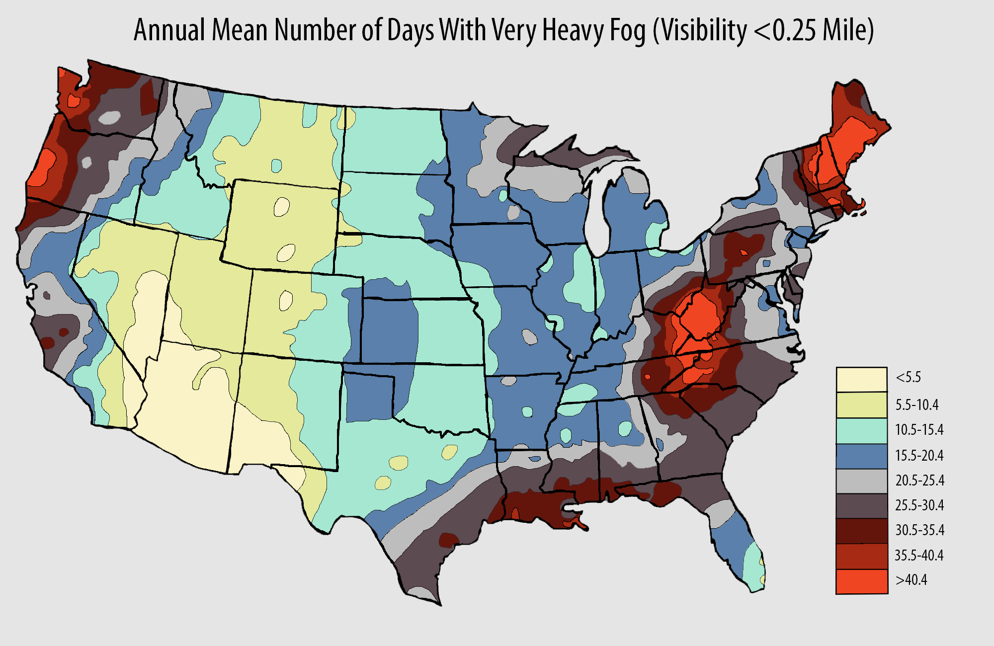 Annual mean number of days with very heavy fog (visibility